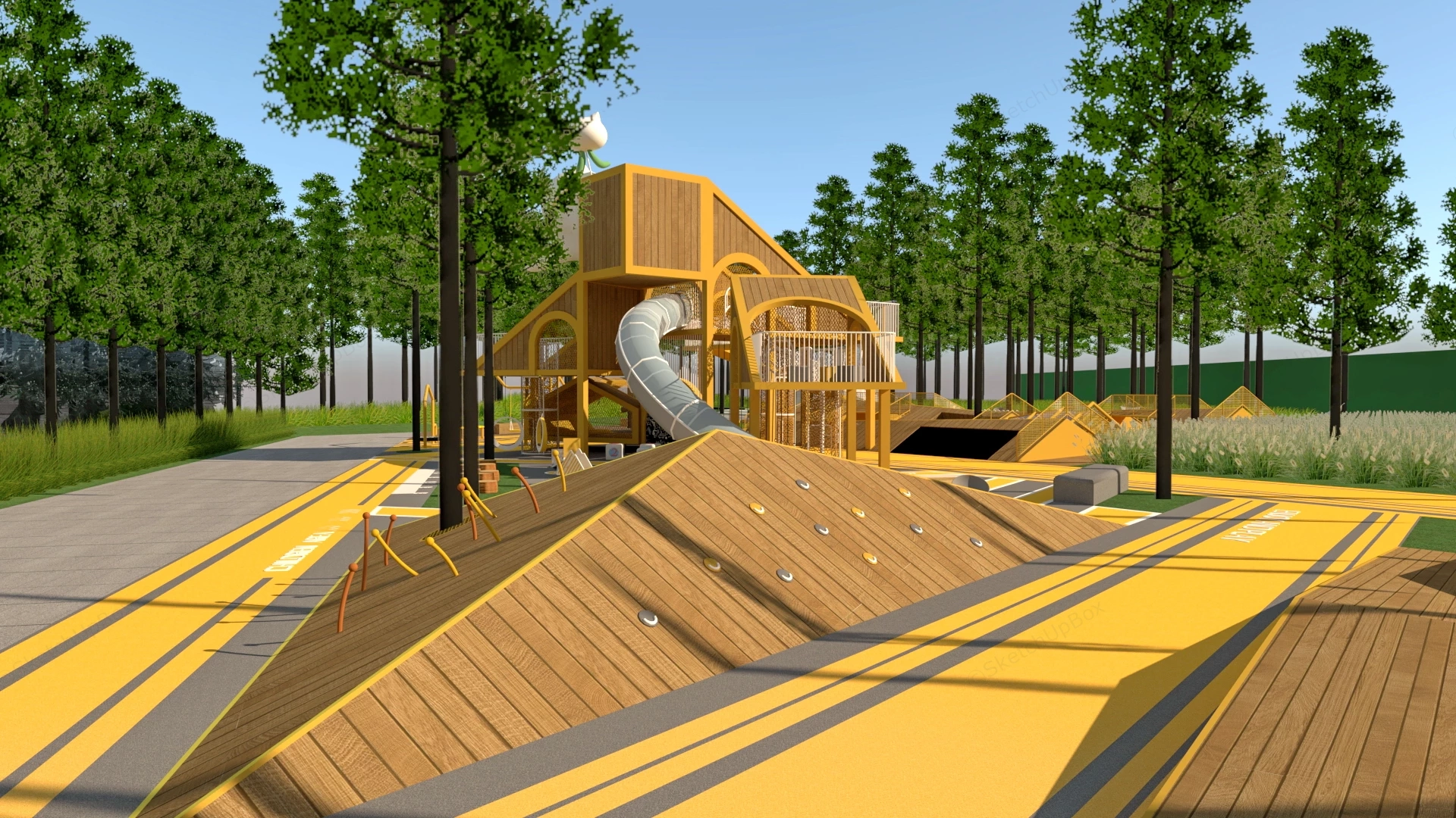 Modern Timber Outdoor Children Playground & Landscape Sketchup 3D Model Preview - SketchupBox