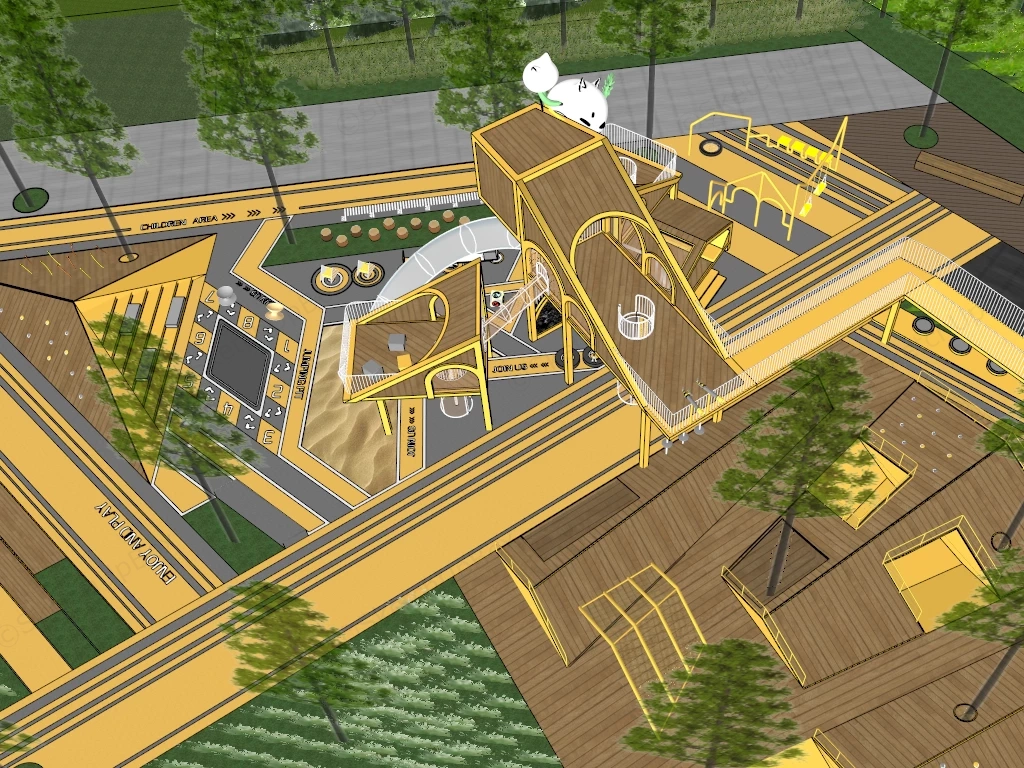 Modern Timber Outdoor Children Playground & Landscape Sketchup 3D Model Preview - SketchupBox