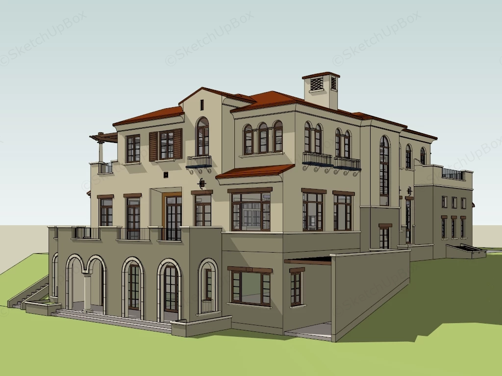 Mediterranean Spanish Villa Residence Sketchup 3D Model Preview - SketchupBox