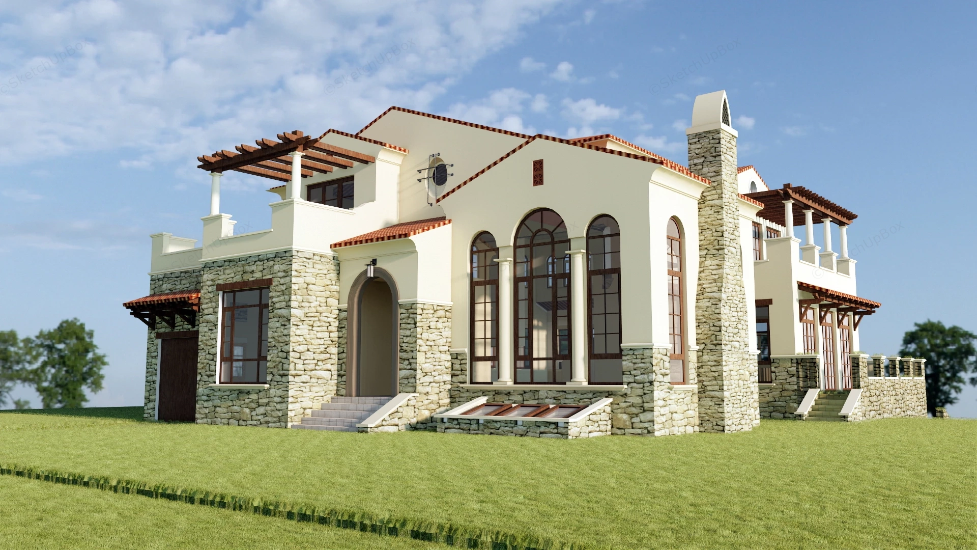 Mediterranean Spanish Villa Residence Sketchup 3D Model Preview - SketchupBox