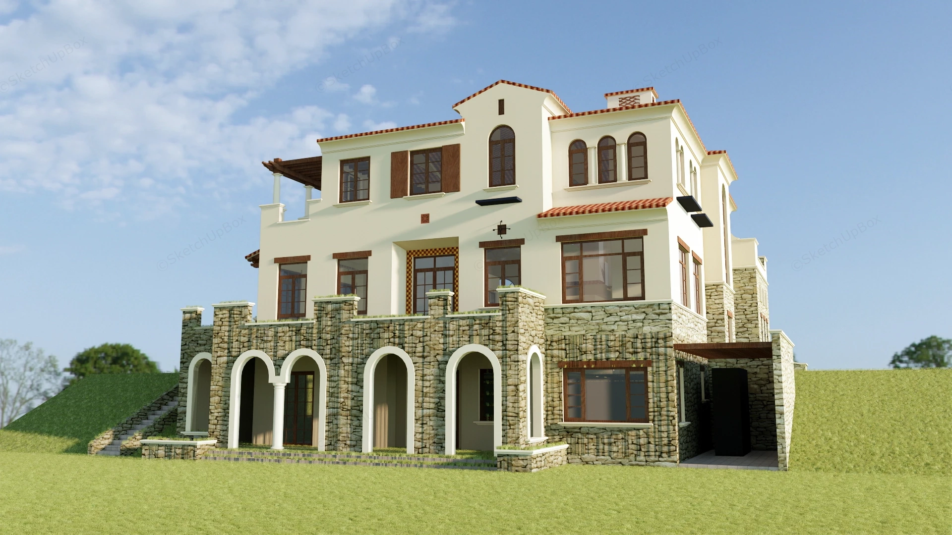 Mediterranean Spanish Villa Residence Sketchup 3D Model Preview - SketchupBox