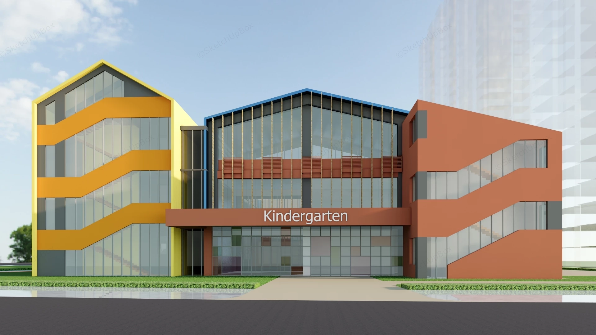 Modern Kindergarten School Building Complex Sketchup 3D Model Preview - SketchupBox