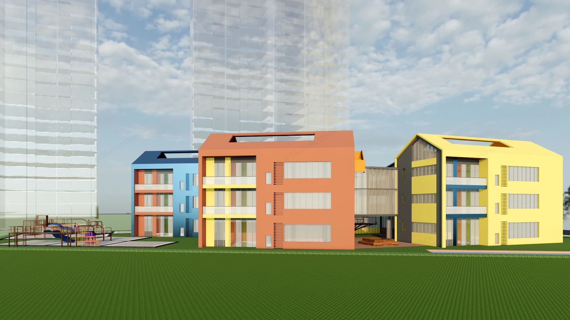Modern Kindergarten School Building Complex Sketchup 3D Model Preview - SketchupBox