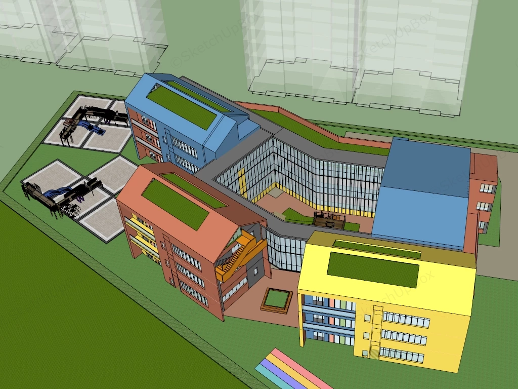 Modern Kindergarten School Building Complex Sketchup 3D Model Preview - SketchupBox