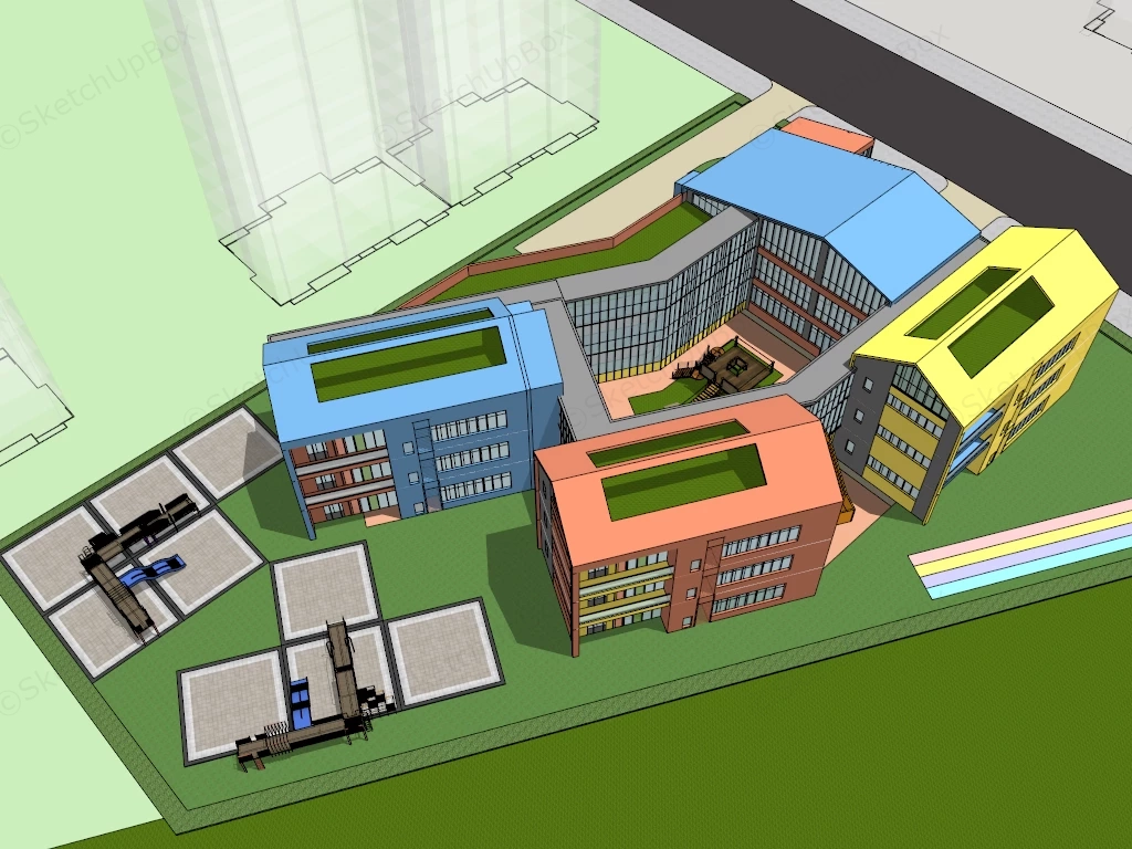 Modern Kindergarten School Building Complex Sketchup 3D Model Preview - SketchupBox
