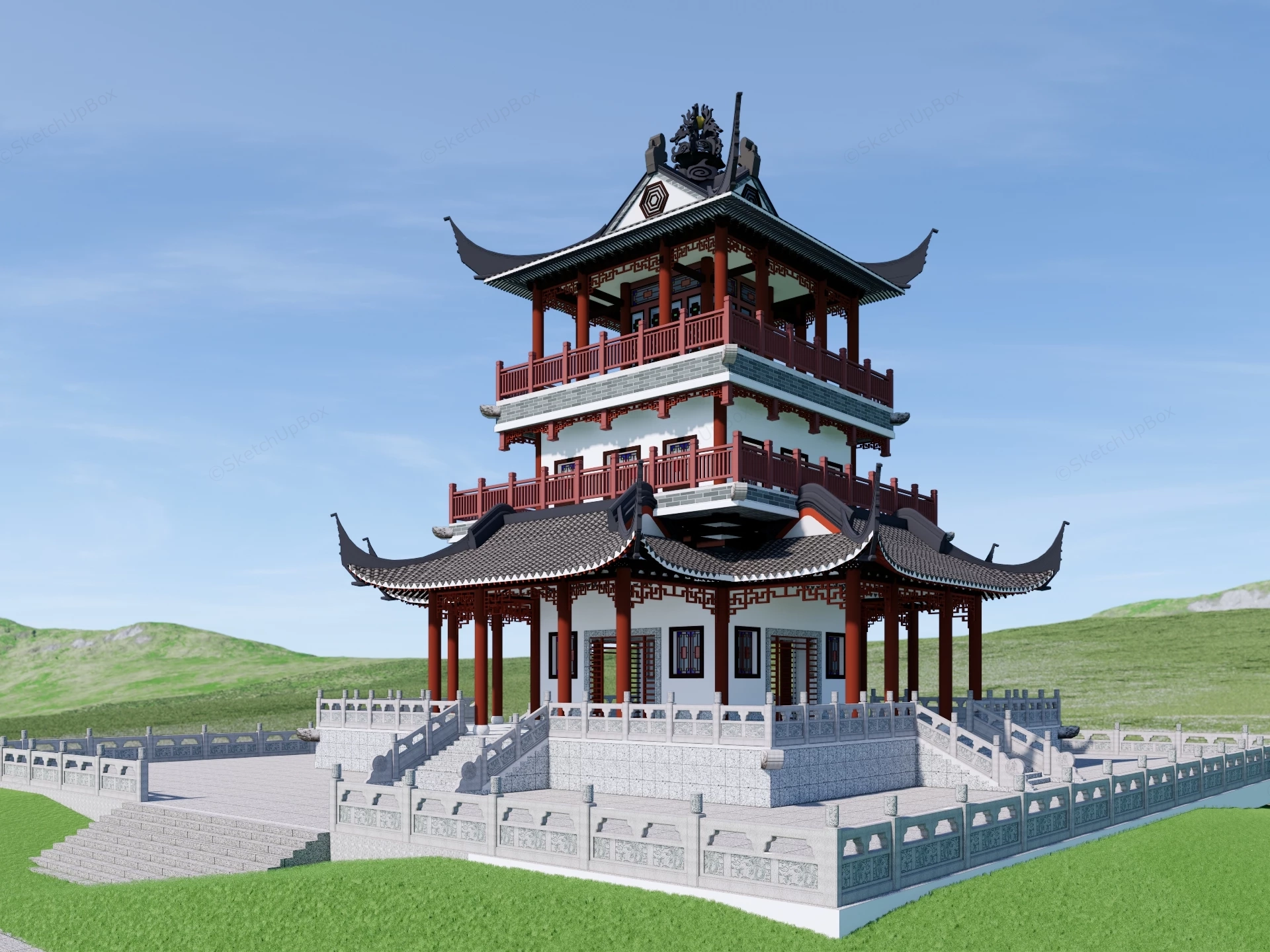 Traditional Chinese Pagoda Pavilion Tower Sketchup 3D Model Preview - SketchupBox