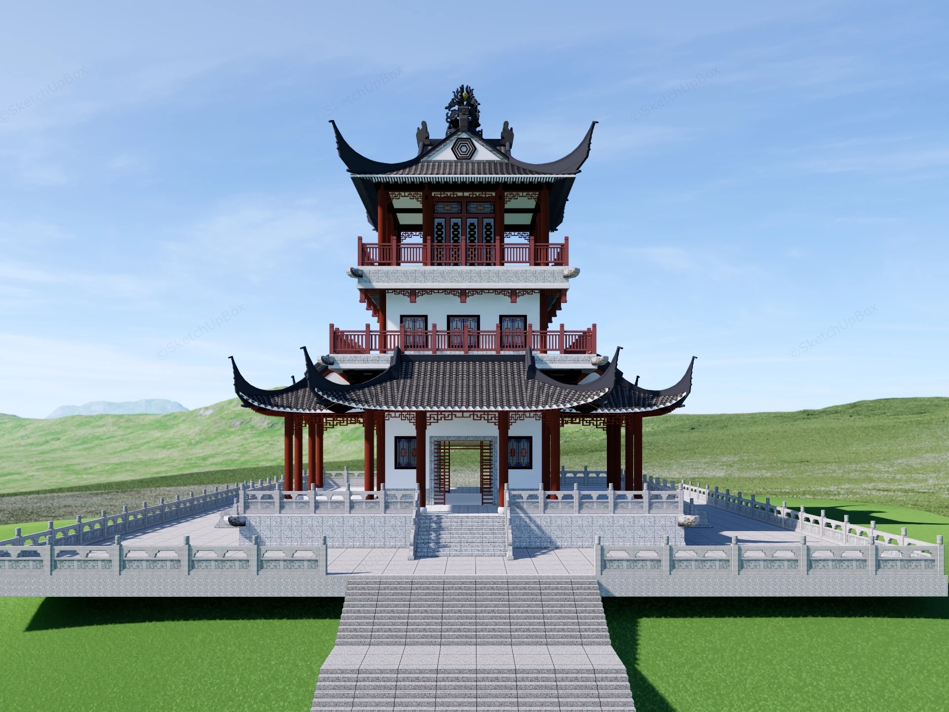 Traditional Chinese Pagoda Pavilion Tower Sketchup 3D Model Preview - SketchupBox