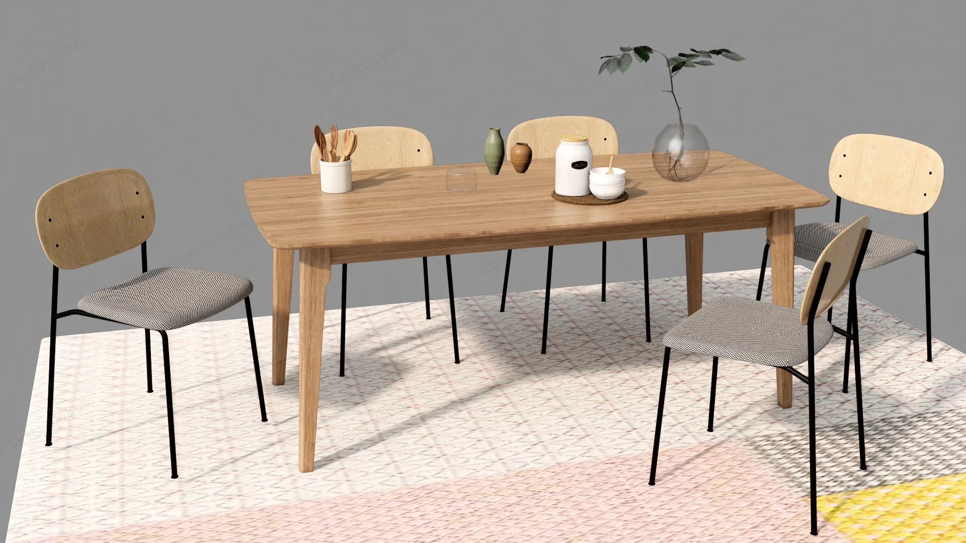 Modern Scandinavian Oak Dining Set Sketchup 3D Model Preview - SketchupBox
