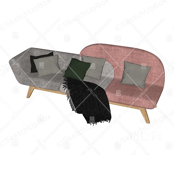 Asymmetrical Curved Fabric Sofa Sketchup 3D Model Preview - SketchupBox