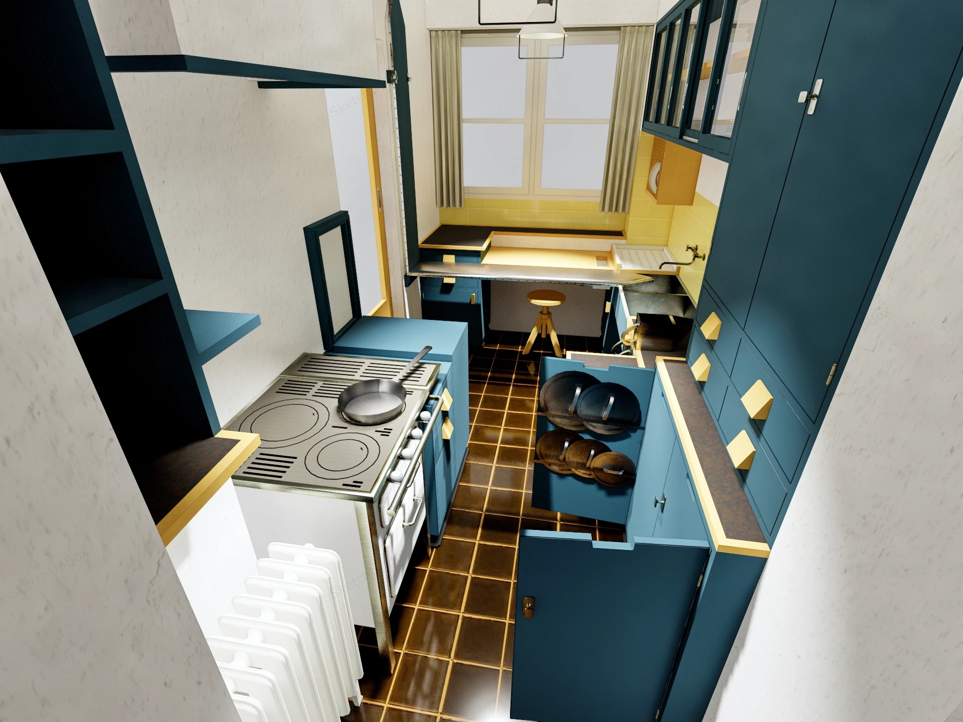 Mid Century Teal Galley Kitchen Sketchup 3D Model Preview - SketchupBox