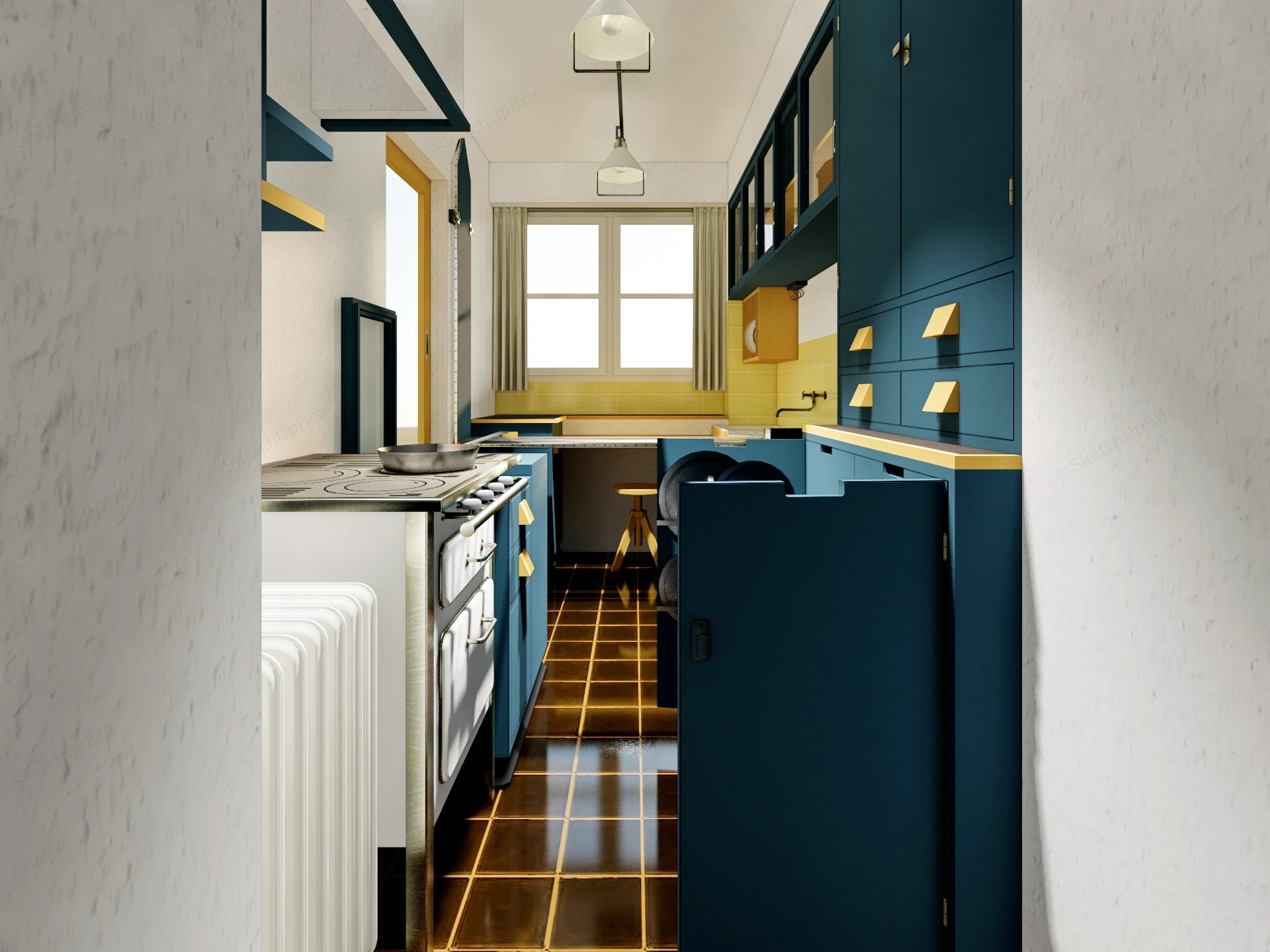 Mid Century Teal Galley Kitchen Sketchup 3D Model Preview - SketchupBox