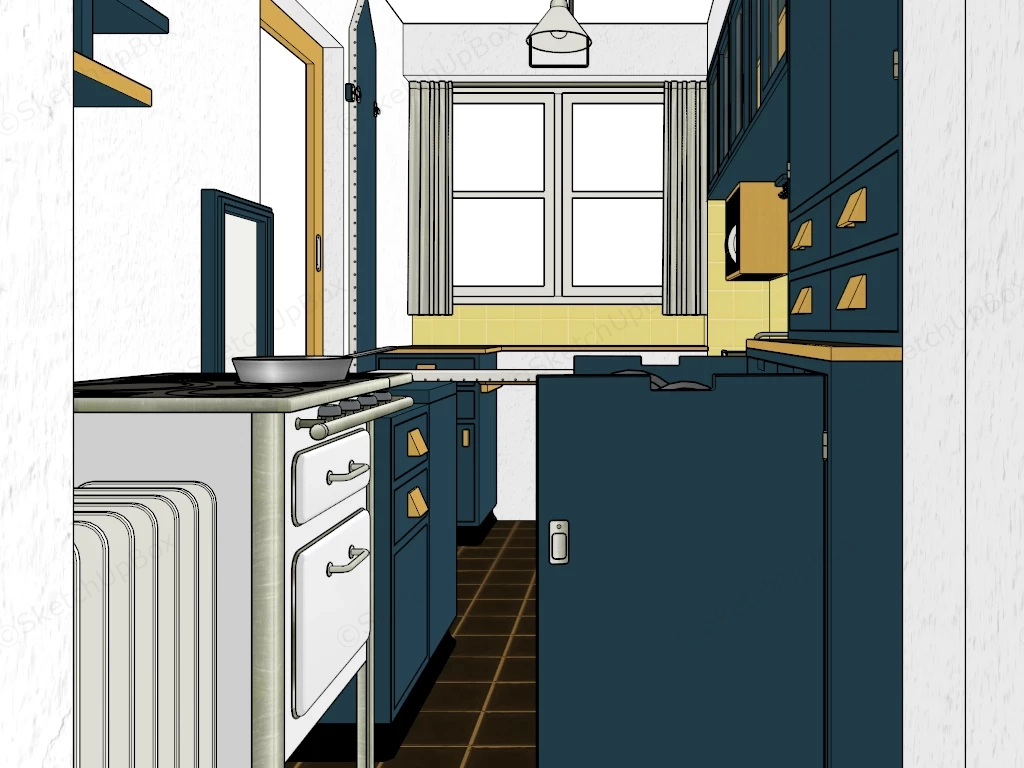 Mid Century Teal Galley Kitchen Sketchup 3D Model Preview - SketchupBox