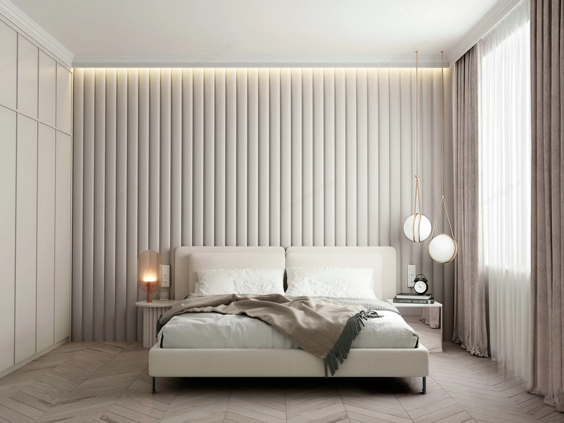 Modern Minimal Cream Upholstered Bedroom Suite Sketchup 3D Model Preview - SketchupBox