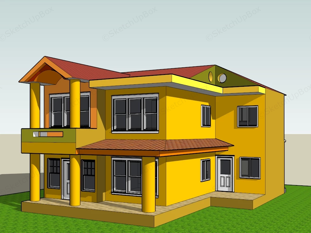 Two Story Yellow Suburban House Exterior Sketchup 3D Model Preview - SketchupBox
