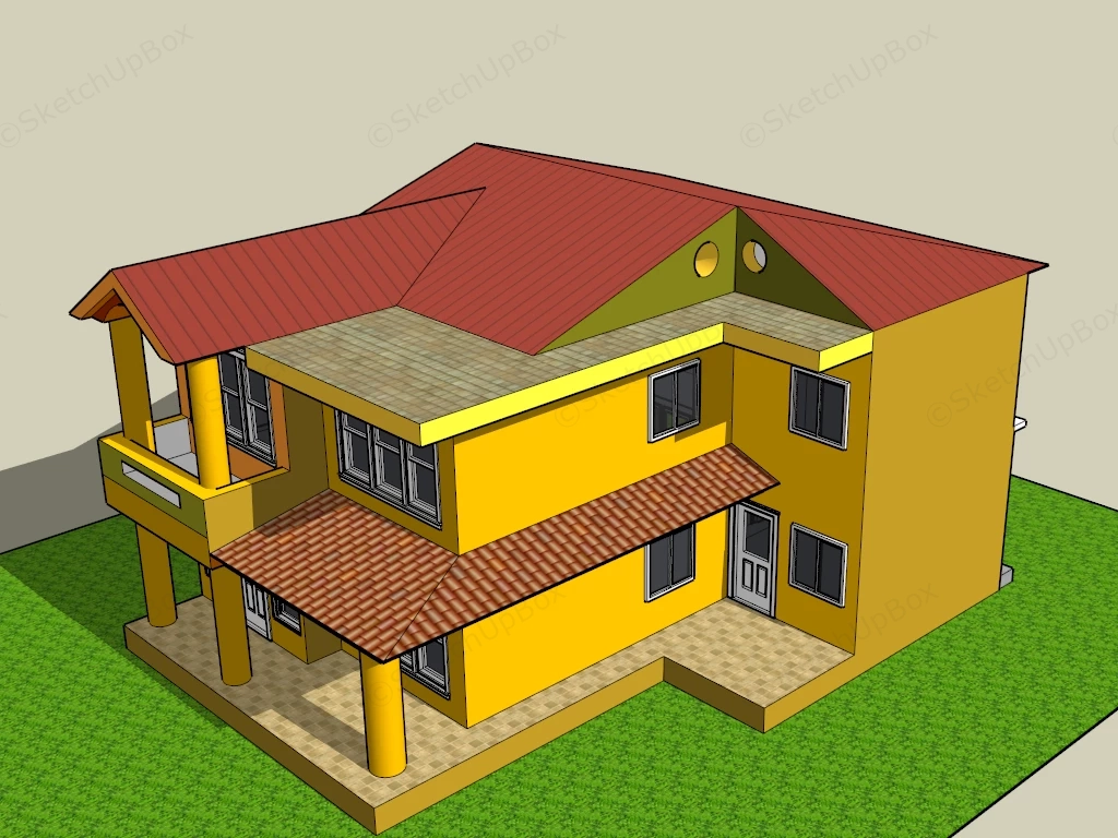 Two Story Yellow Suburban House Exterior Sketchup 3D Model Preview - SketchupBox