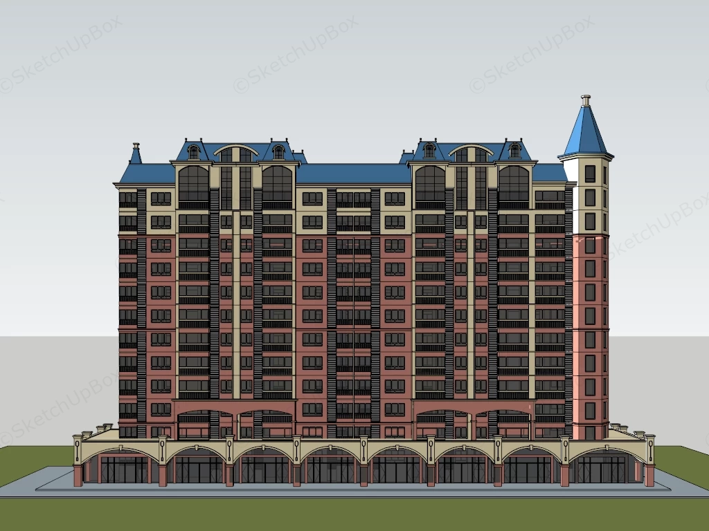 Classical European High Rise Apartment Building Sketchup 3D Model Preview - SketchupBox