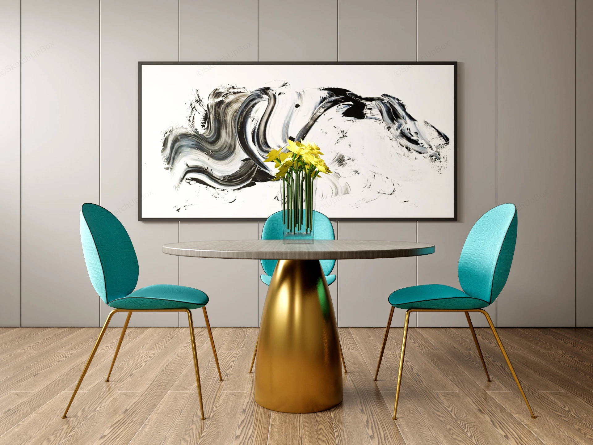 Modern Round Pedestal Dining Table And Teal Accent Chairs Sketchup 3D Model Preview - SketchupBox
