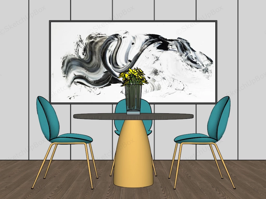 Modern Round Pedestal Dining Table And Teal Accent Chairs Sketchup 3D Model Preview - SketchupBox