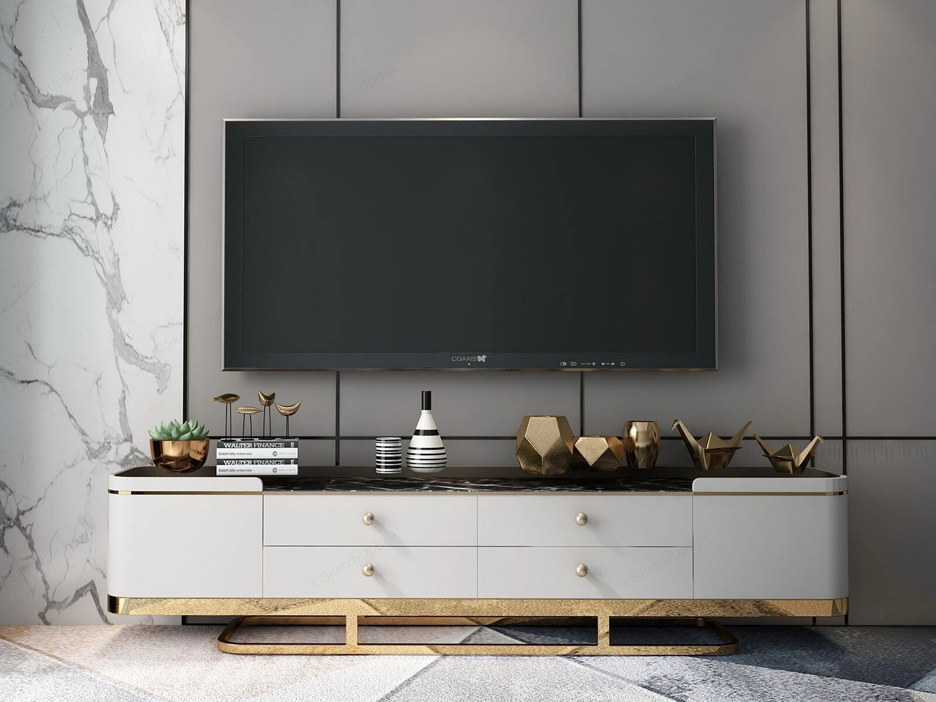 Modern Media Console And Wall Mounted TV Unit Sketchup 3D Model Preview - SketchupBox