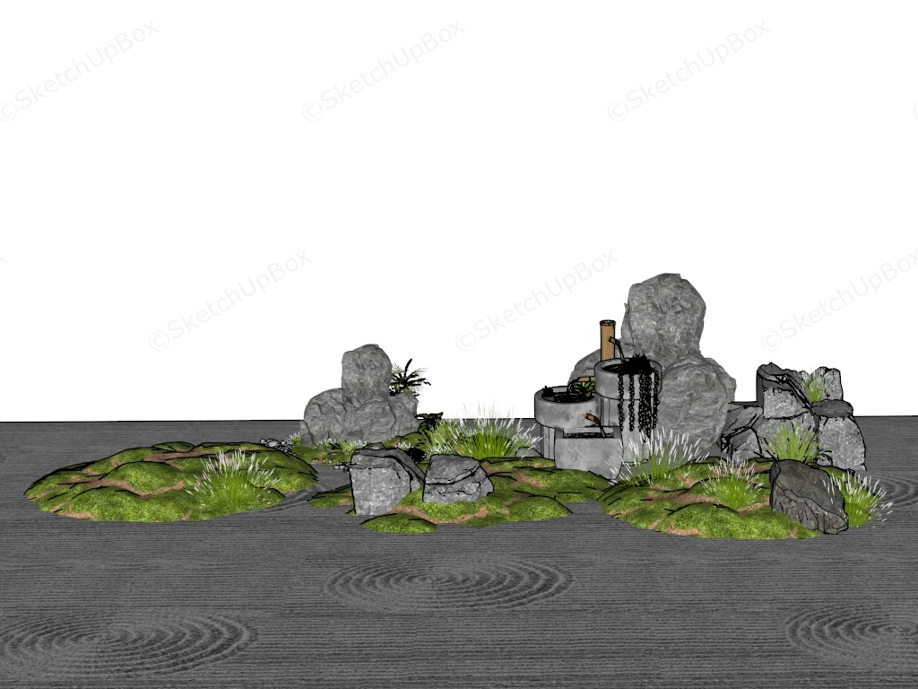 Japanese Zen Rock Garden And Stone Water Feature Sketchup 3D Model Preview - SketchupBox