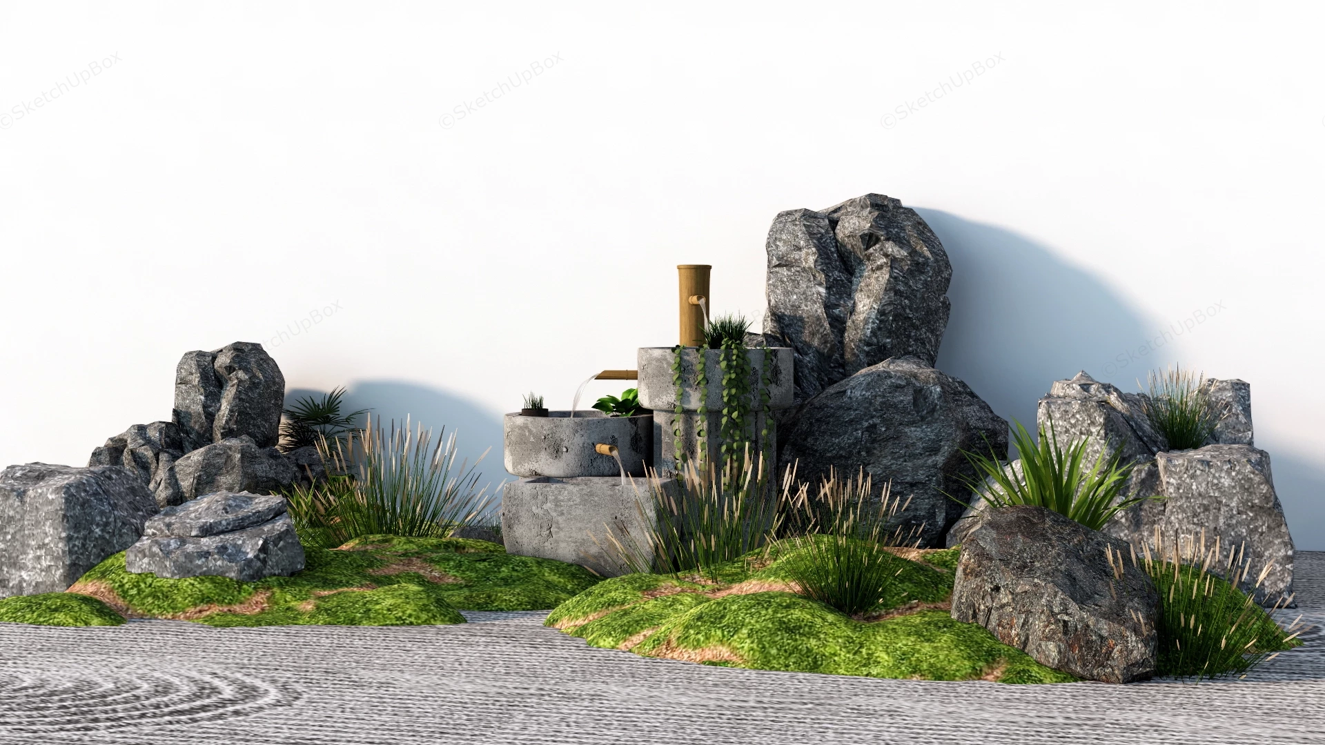 Japanese Zen Rock Garden And Stone Water Feature Sketchup 3D Model Preview - SketchupBox