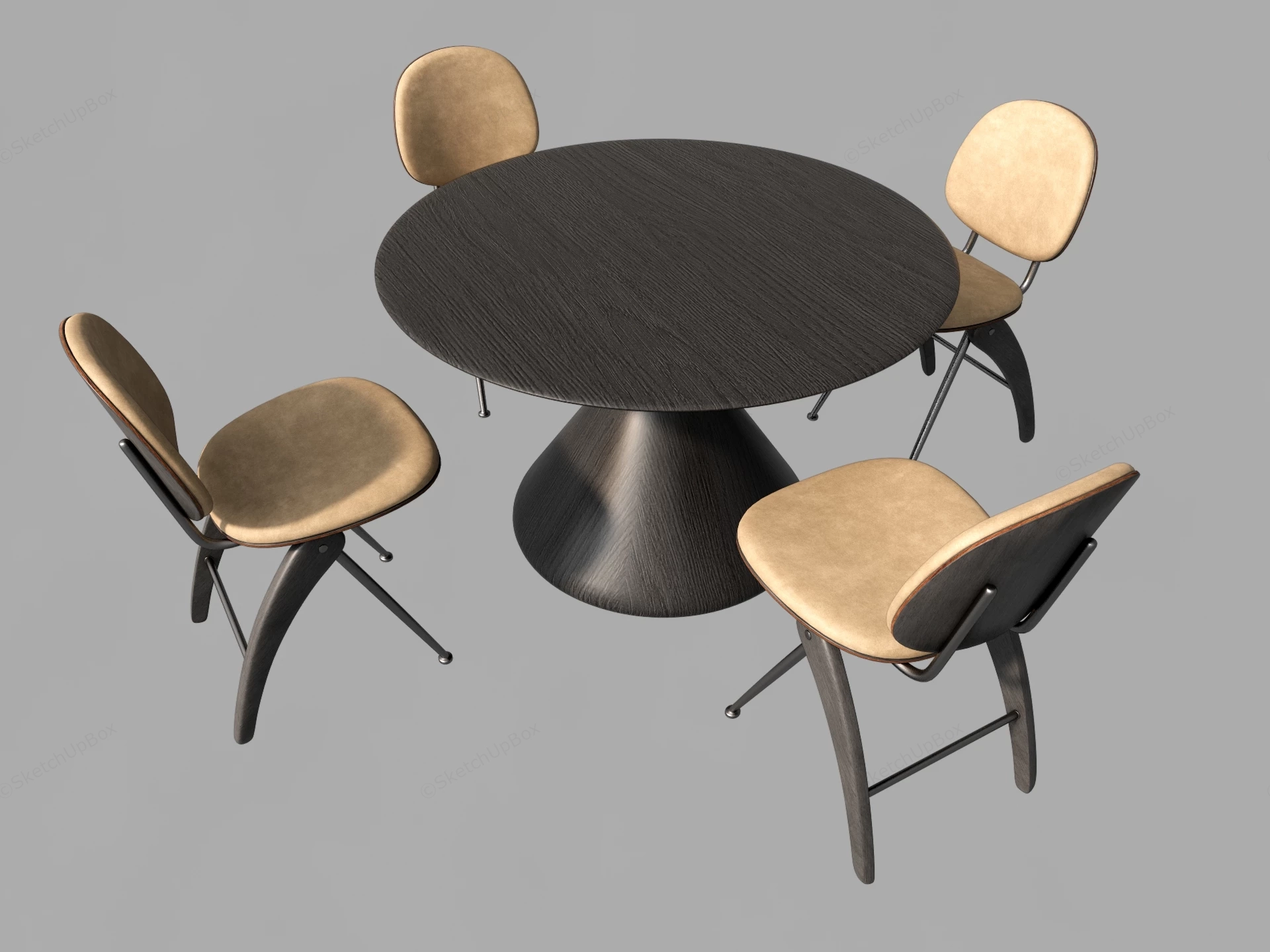 Modern Round Dark Wood Pedestal Dining Table Set Sketchup 3D Model Preview - SketchupBox