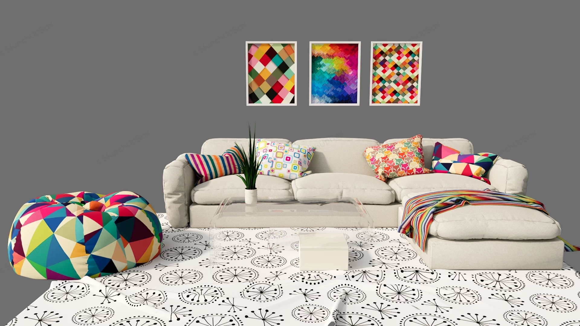 Modern Eclectic Living Room Sofa & Decor Set Sketchup 3D Model Preview - SketchupBox