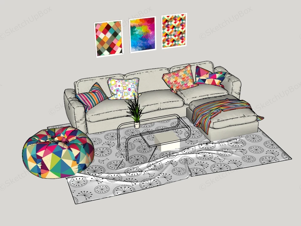 Modern Eclectic Living Room Sofa & Decor Set Sketchup 3D Model Preview - SketchupBox
