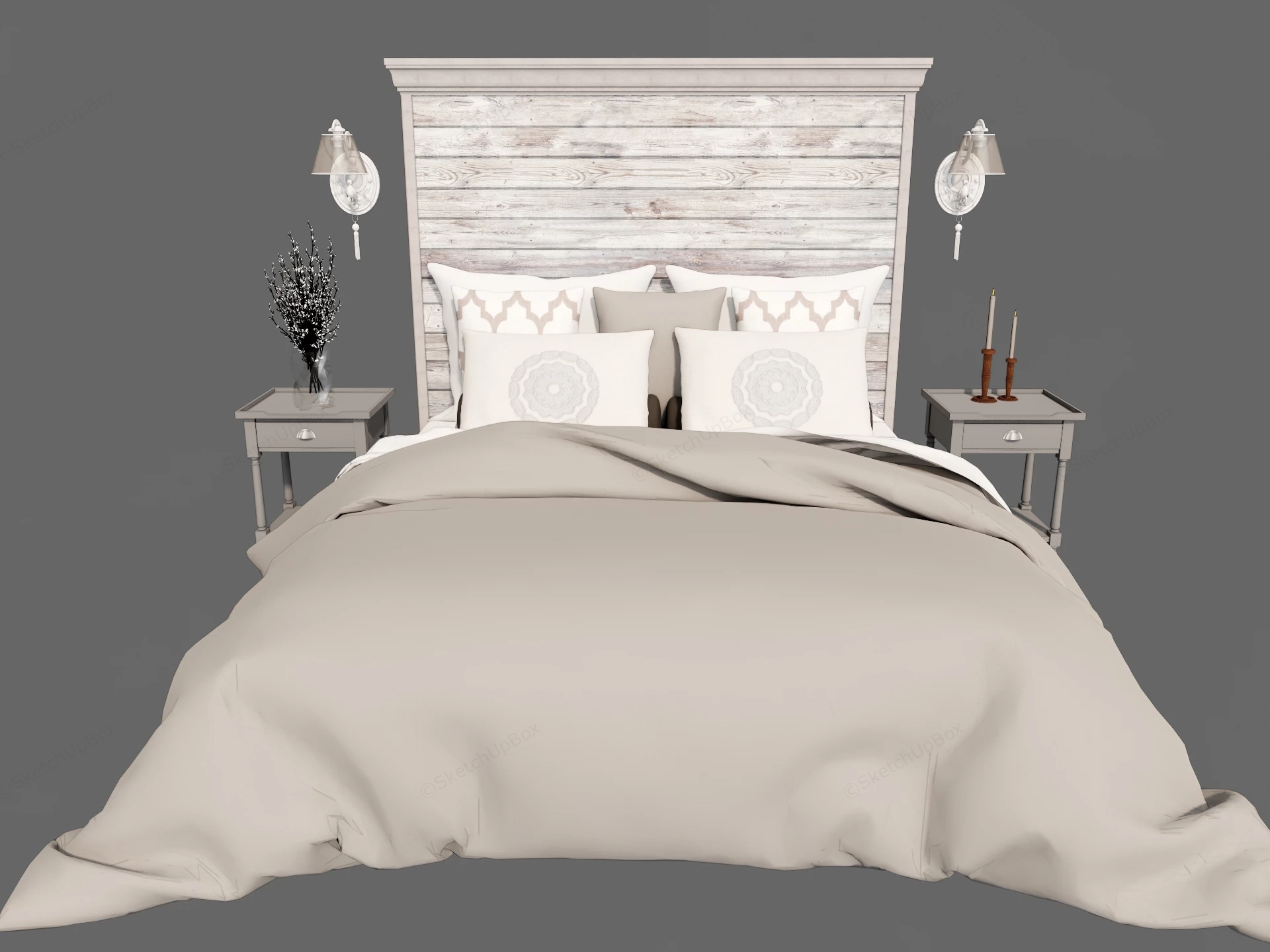 Modern Farmhouse Wooden Panel Bed Set Sketchup 3D Model Preview - SketchupBox