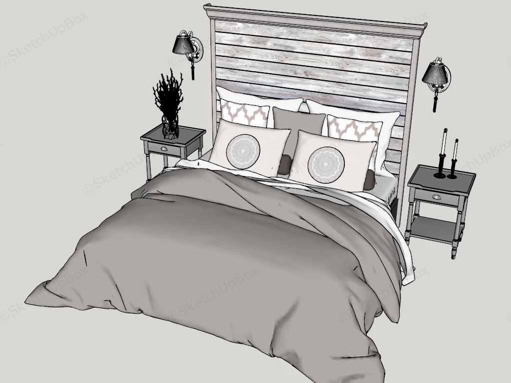 Modern Farmhouse Wooden Panel Bed Set Sketchup 3D Model Preview - SketchupBox