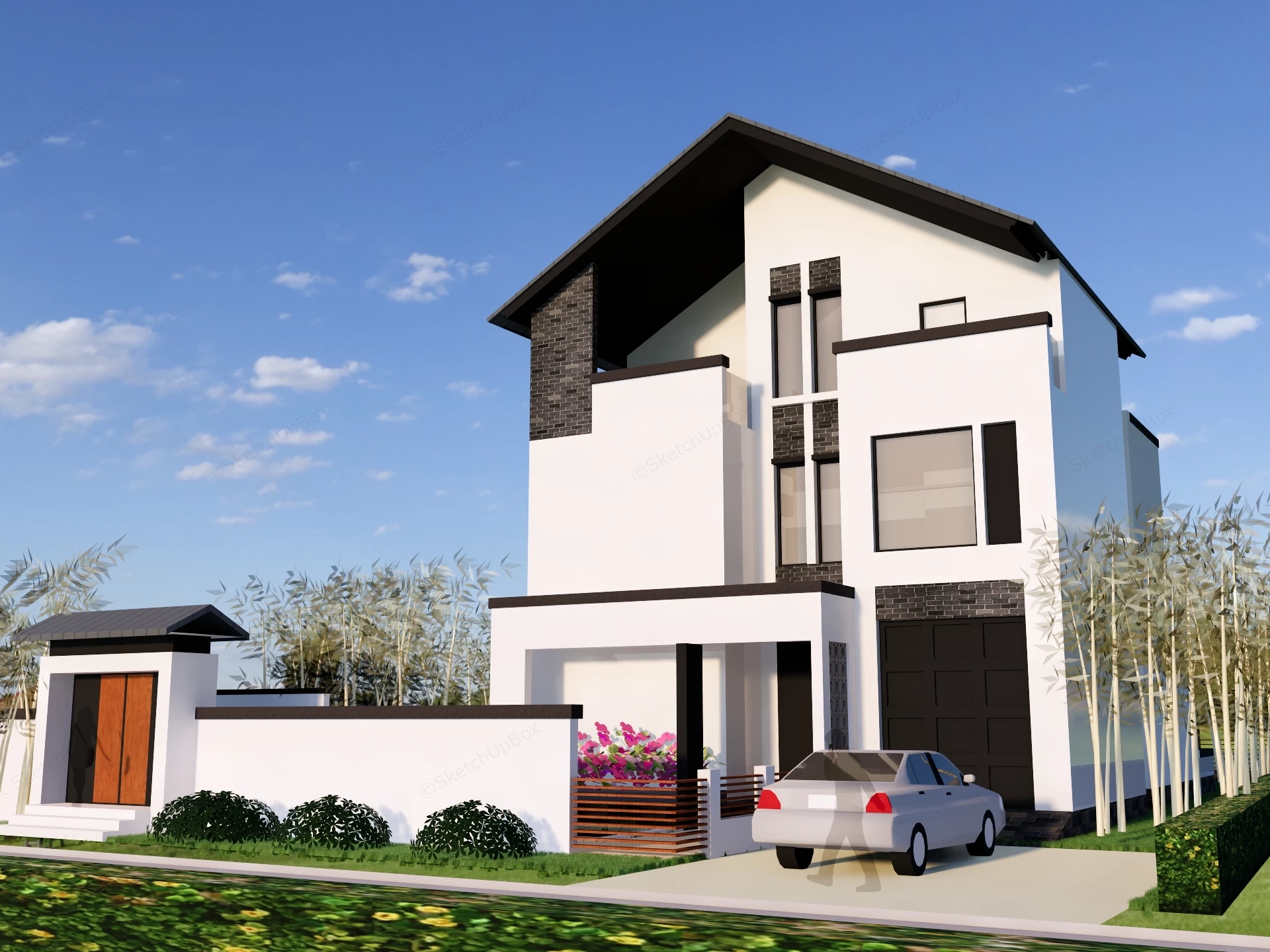 Modern Asian Courtyard Villa & Landscape Set Sketchup 3D Model Preview - SketchupBox