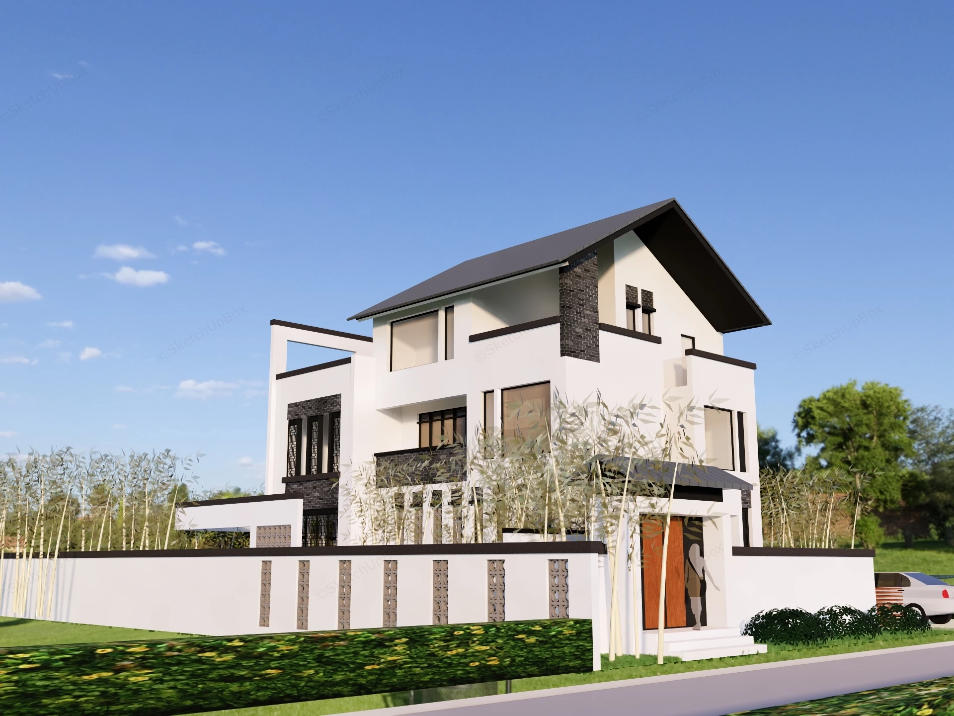Modern Asian Courtyard Villa & Landscape Set Sketchup 3D Model Preview - SketchupBox
