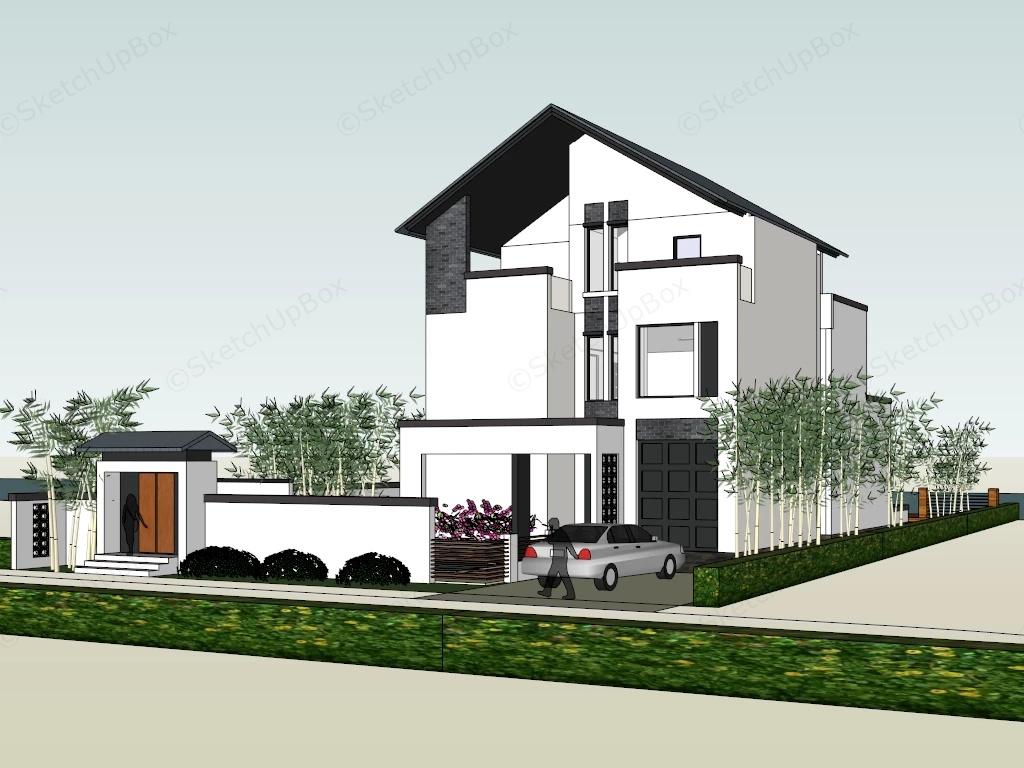 Modern Asian Courtyard Villa & Landscape Set Sketchup 3D Model Preview - SketchupBox