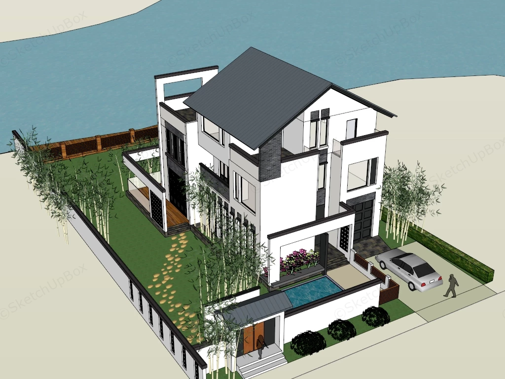 Modern Asian Courtyard Villa & Landscape Set Sketchup 3D Model Preview - SketchupBox