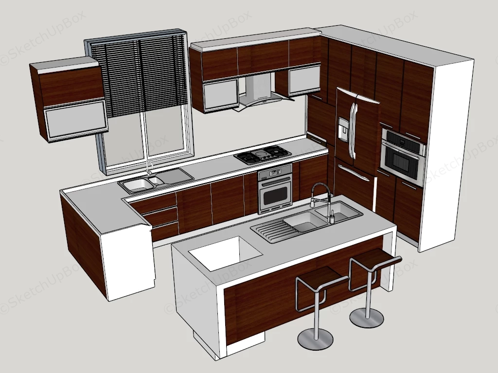 Modern Dark Walnut Kitchen With Island Sketchup 3D Model Preview - SketchupBox