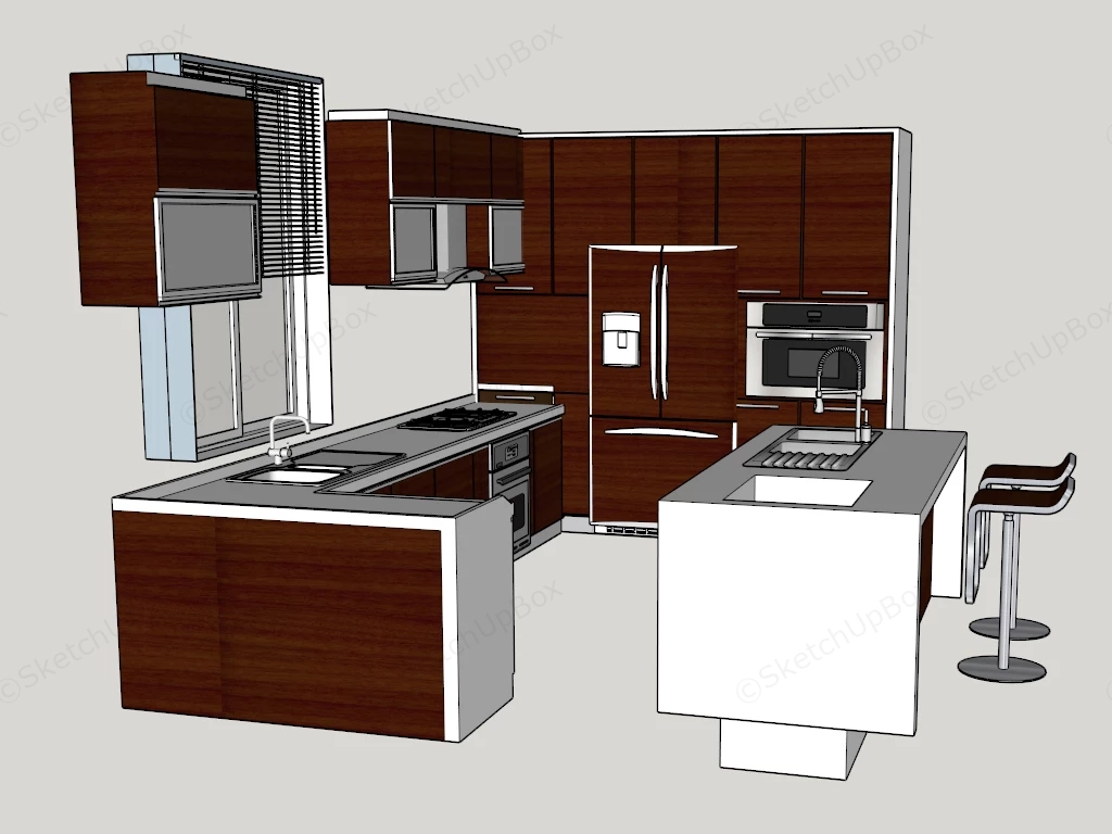 Modern Dark Walnut Kitchen With Island Sketchup 3D Model Preview - SketchupBox