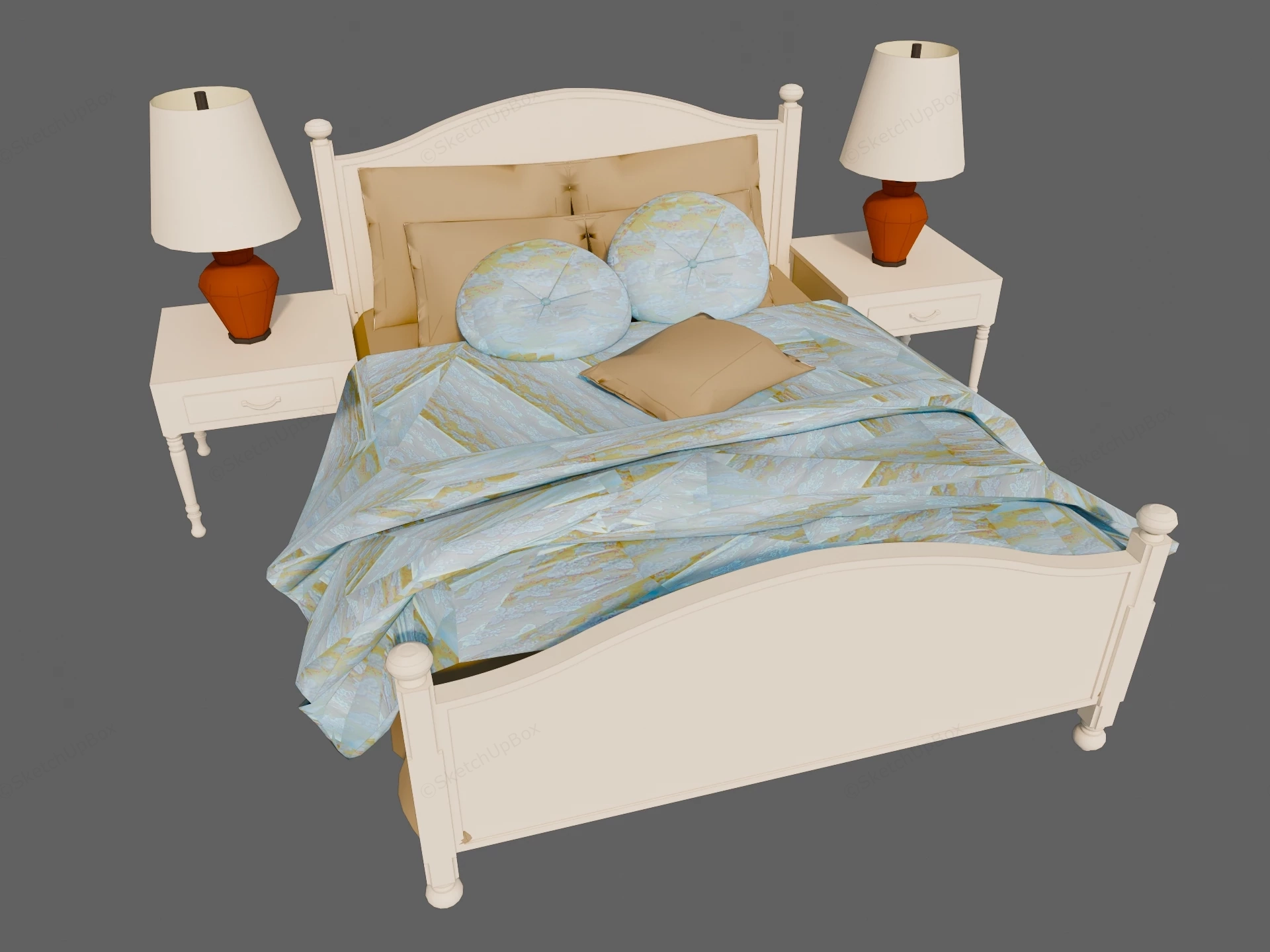 Classic French Country Wooden Bed & Nightstand Set Sketchup 3D Model Preview - SketchupBox