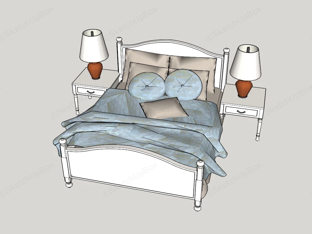 Classic French Country Wooden Bed & Nightstand Set Sketchup 3D Model Preview - SketchupBox