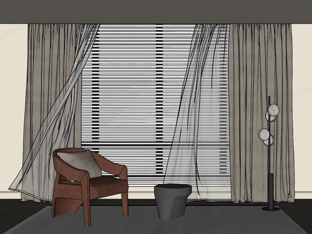 Modern Contemporary Reading Corner & Drapery Set Sketchup 3D Model Preview - SketchupBox