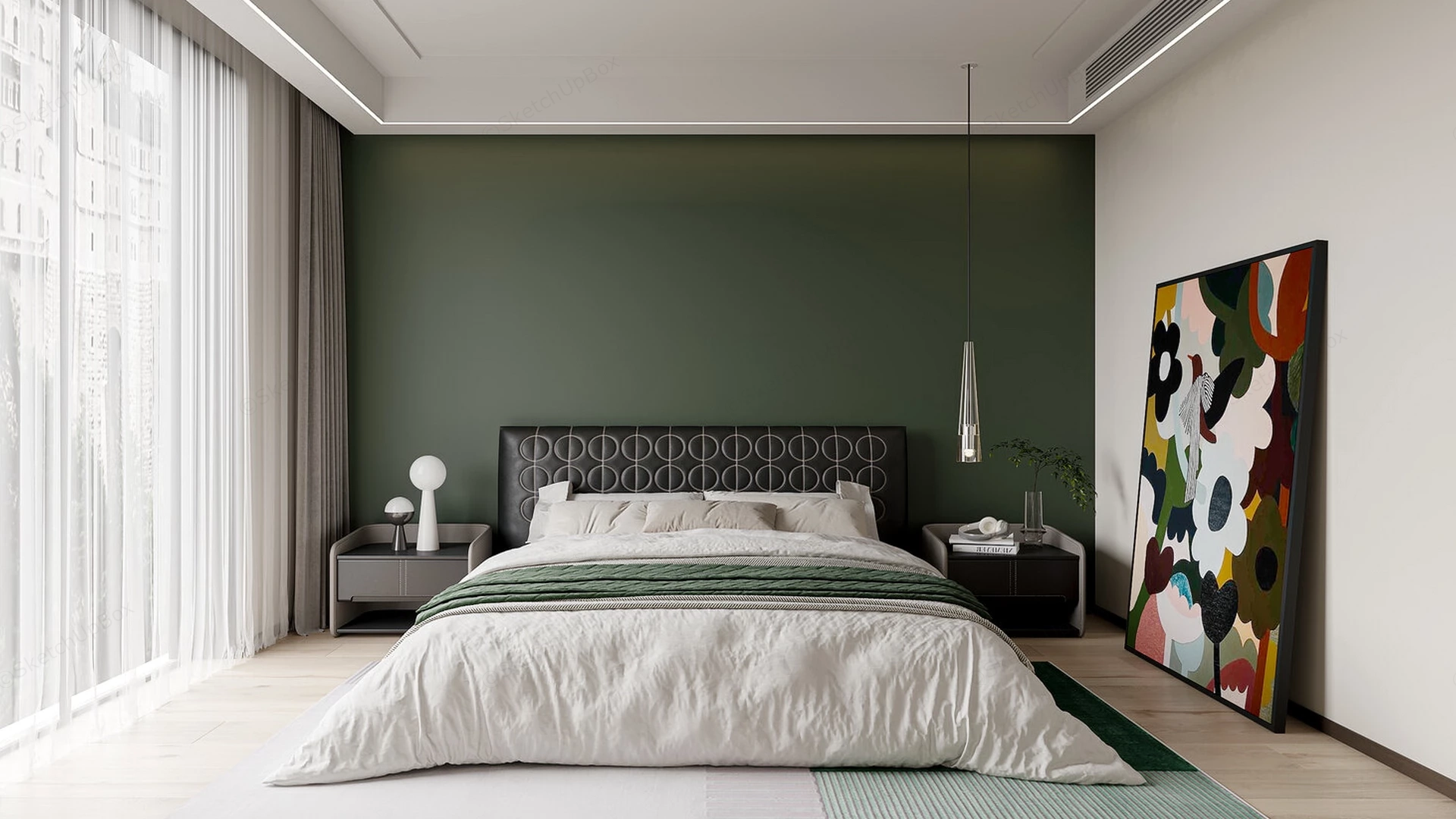 Modern Luxury Olive Green Bedroom & Bed Set Sketchup 3D Model Preview - SketchupBox