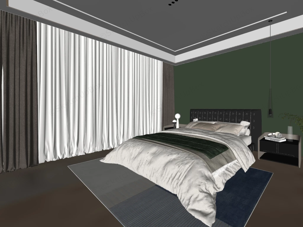 Modern Luxury Olive Green Bedroom & Bed Set Sketchup 3D Model Preview - SketchupBox