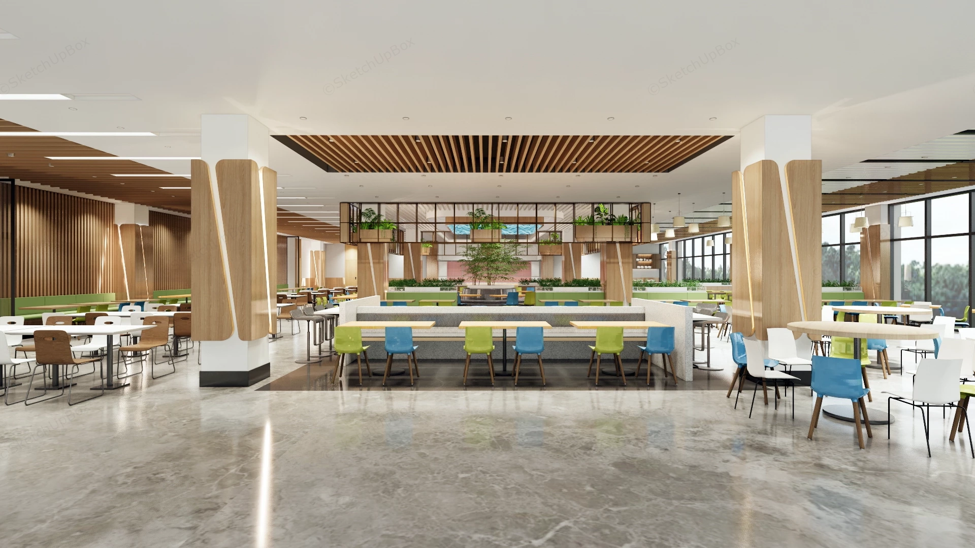 Modern Commercial Cafeteria & Food Court Interior Sketchup 3D Model Preview - SketchupBox