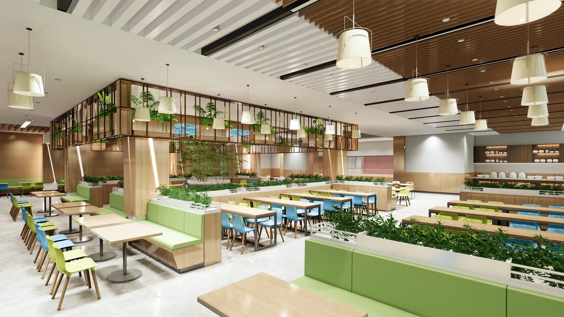 Modern Commercial Cafeteria & Food Court Interior Sketchup 3D Model Preview - SketchupBox