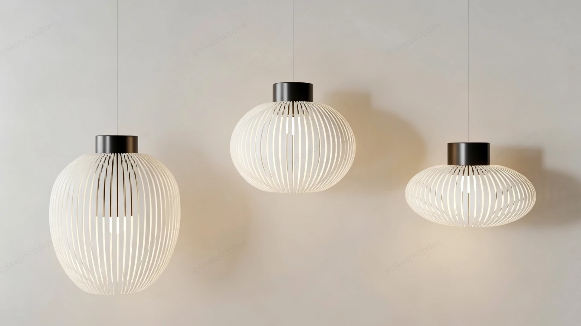 Slatted Timber Pendant Light Trio Set Sketchup 3D Model Preview - SketchupBox