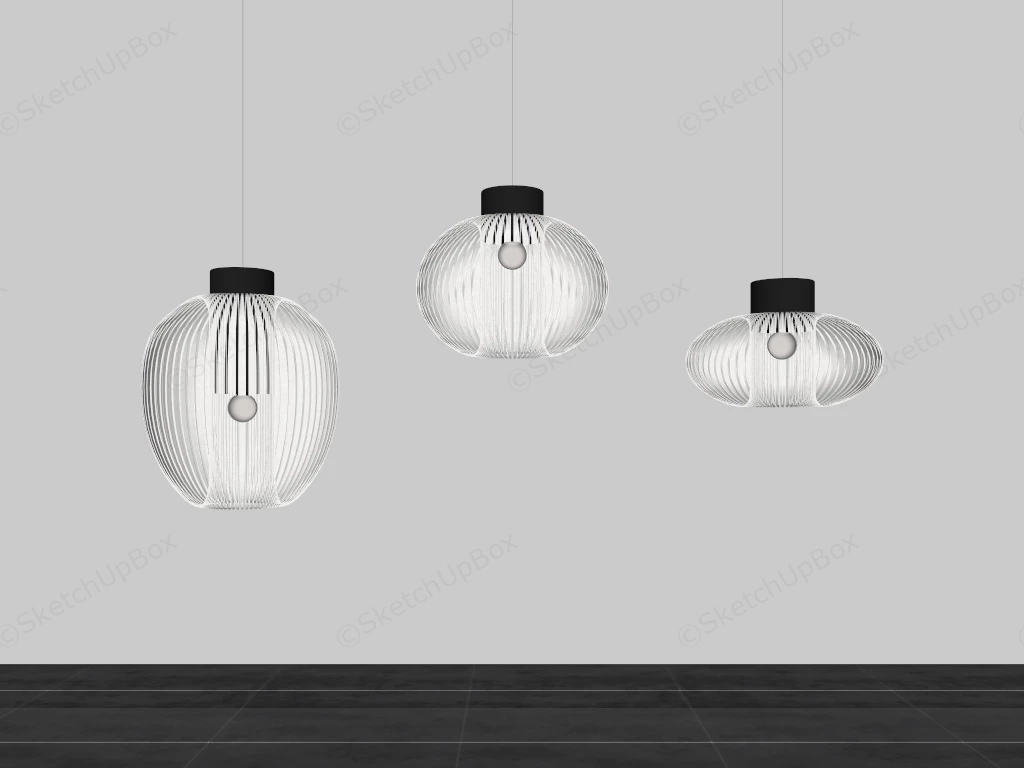 Slatted Timber Pendant Light Trio Set Sketchup 3D Model Preview - SketchupBox