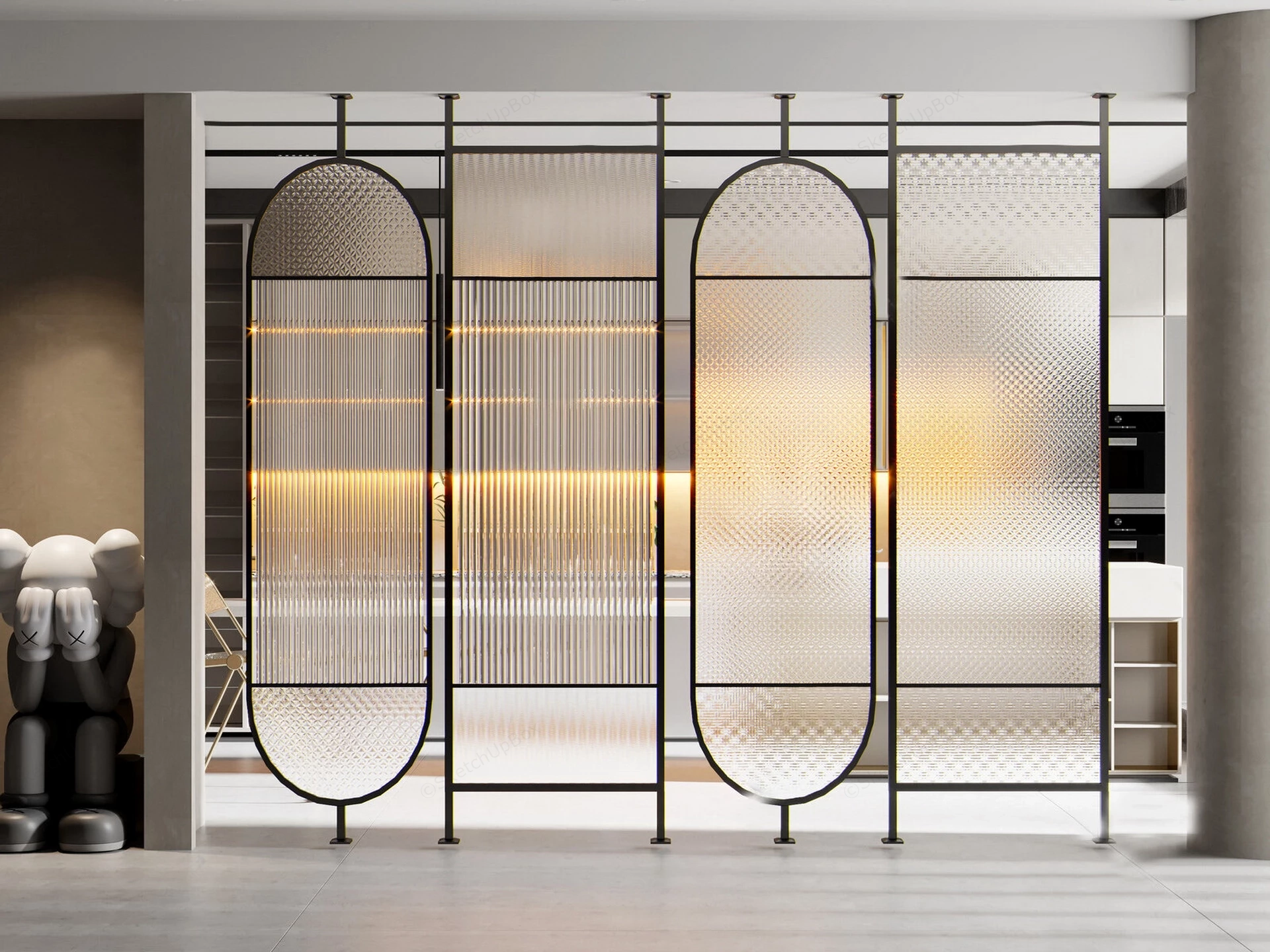 Modern Fluted & Textured Glass Room Partition Set Sketchup 3D Model Preview - SketchupBox
