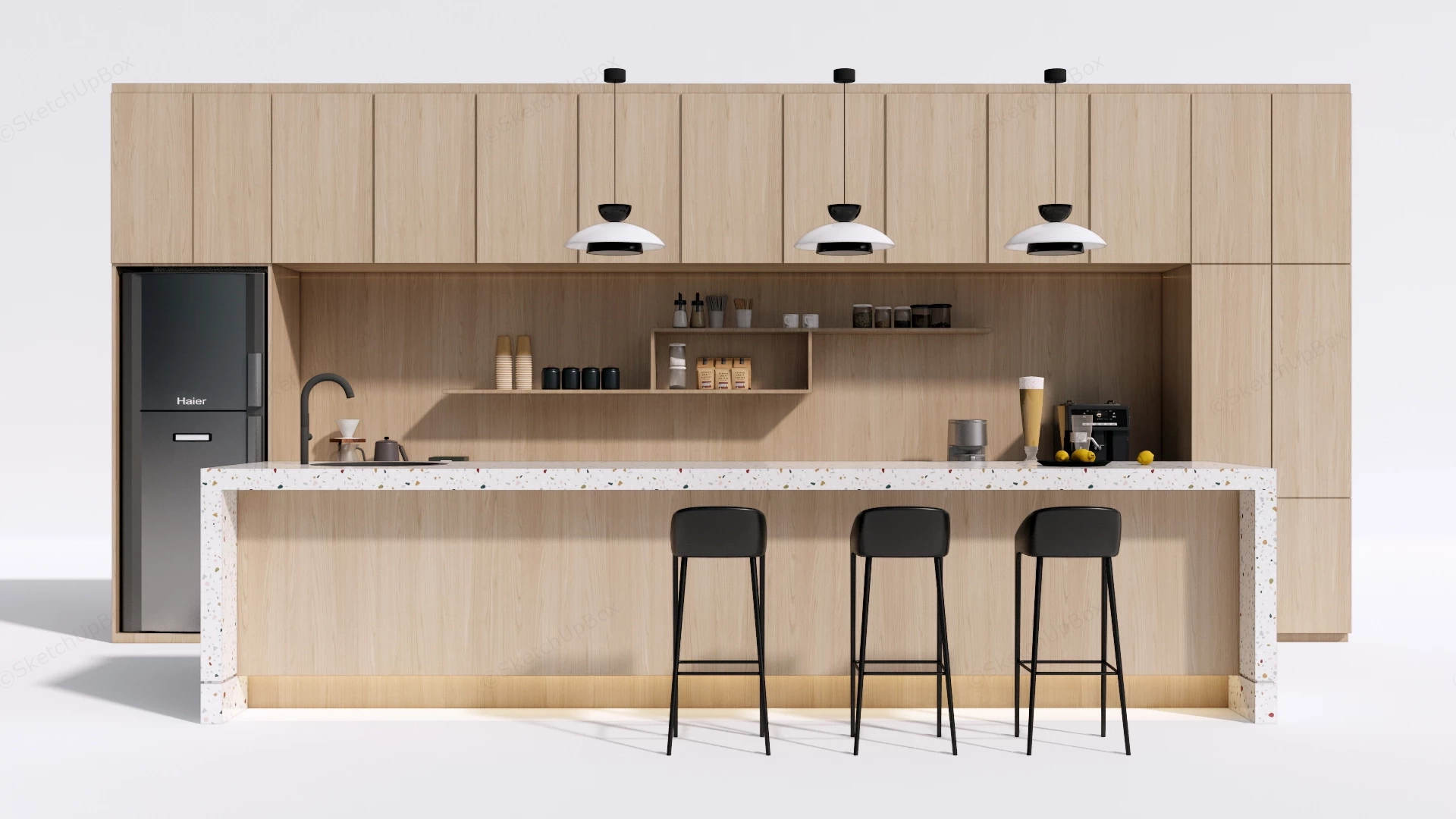 Modern Timber & Terrazzo Kitchen With Island Sketchup 3D Model Preview - SketchupBox