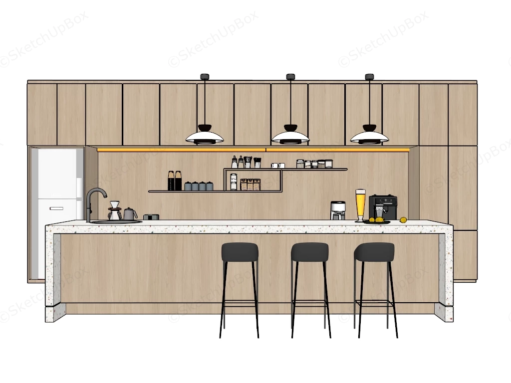 Modern Timber & Terrazzo Kitchen With Island Sketchup 3D Model Preview - SketchupBox