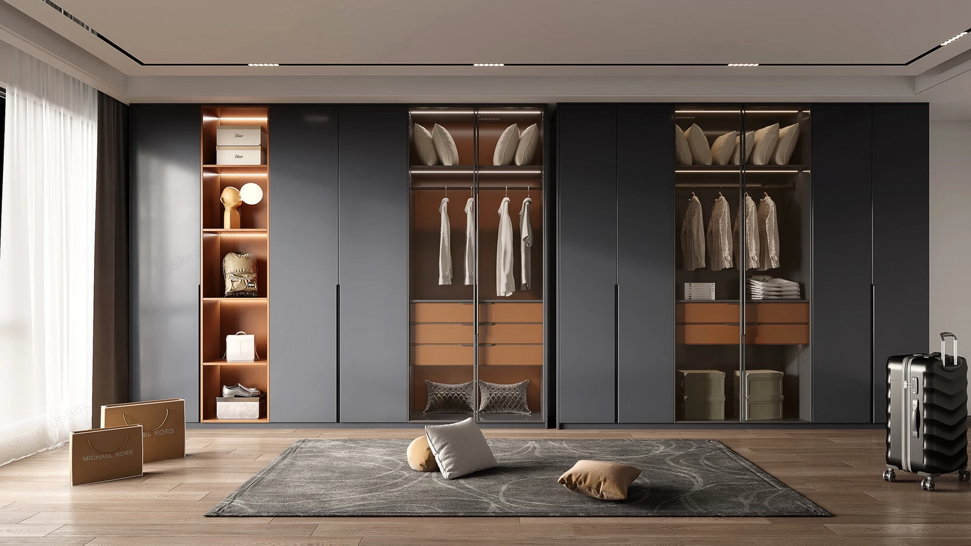 Modern Glass & Wood Walk In Wardrobe System Sketchup 3D Model Preview - SketchupBox