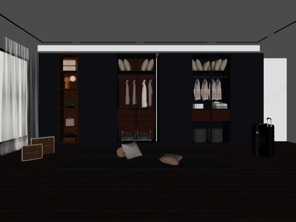 Modern Glass & Wood Walk In Wardrobe System Sketchup 3D Model Preview - SketchupBox